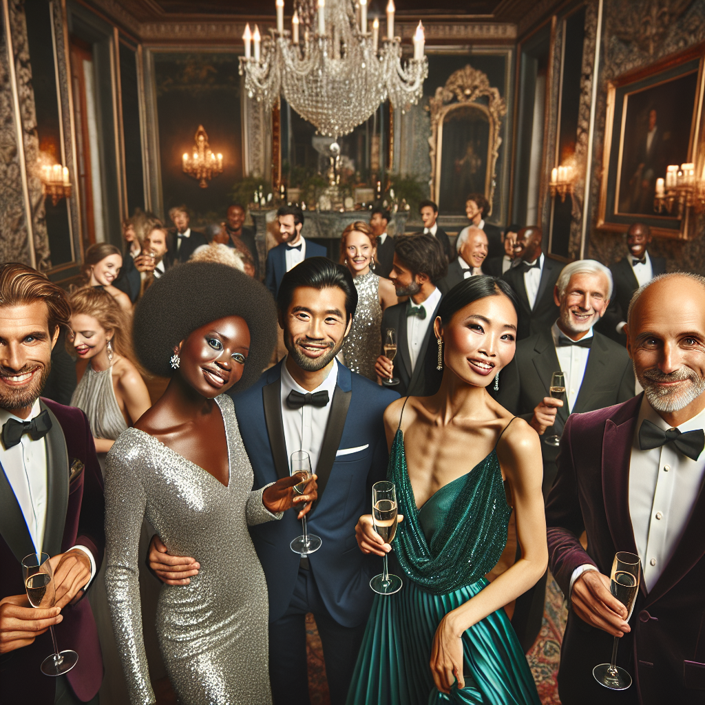 Stunning Gala Attire: Find Your Perfect Match! Create an image of an elegant gala scene filled with diverse individuals. Include a Caucasian woman in a glittering silver gown, a Hispanic man in a crisp black tuxedo, a Black woman clutching a glass of champagne, outfitted in an emerald silk dress, and a South Asian man in a tailored velvet suit. To add to the diversity, incorporate a Middle-Eastern woman in a royal blue pant suit, grinning and mingling with others, a white man in a burgundy classic tuxedo winking at the camera. The room where they are gathered should exude opulence with a grand chandelier overhead, ornate marble pillars, luxurious velvet drapes and a jazz band playing subtly in the foreground.