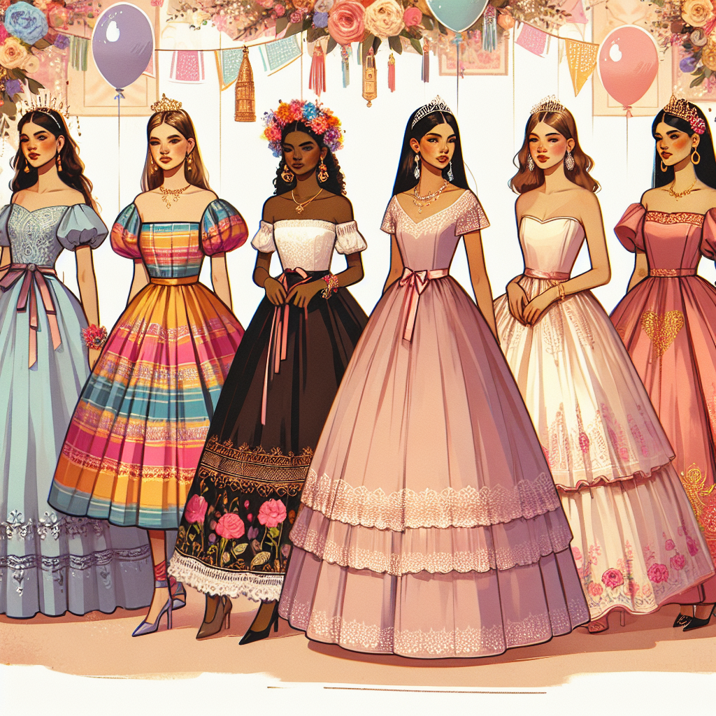 Quinceañera Style Guide: Stunning, Effortless Outfits A visual style guide featuring an array of vibrant and elegant outfits suitable for a Quinceañera celebration. Display a range of dresses from simple to elaborate, capturing the multicultural essence of the ceremony. Illustrate a young Hispanic girl in a traditional vibrant gown, a Black teenager in a chic modern dress, a Caucasian adolescent in an elegant soft-hued outfit, and a South Asian teen in a fusion style attire. Include accessory suggestions such as floral crowns, delicate tiaras, and pearl necklaces. Background should be adorned with pastel balloons, flowers and ceremonial decor.