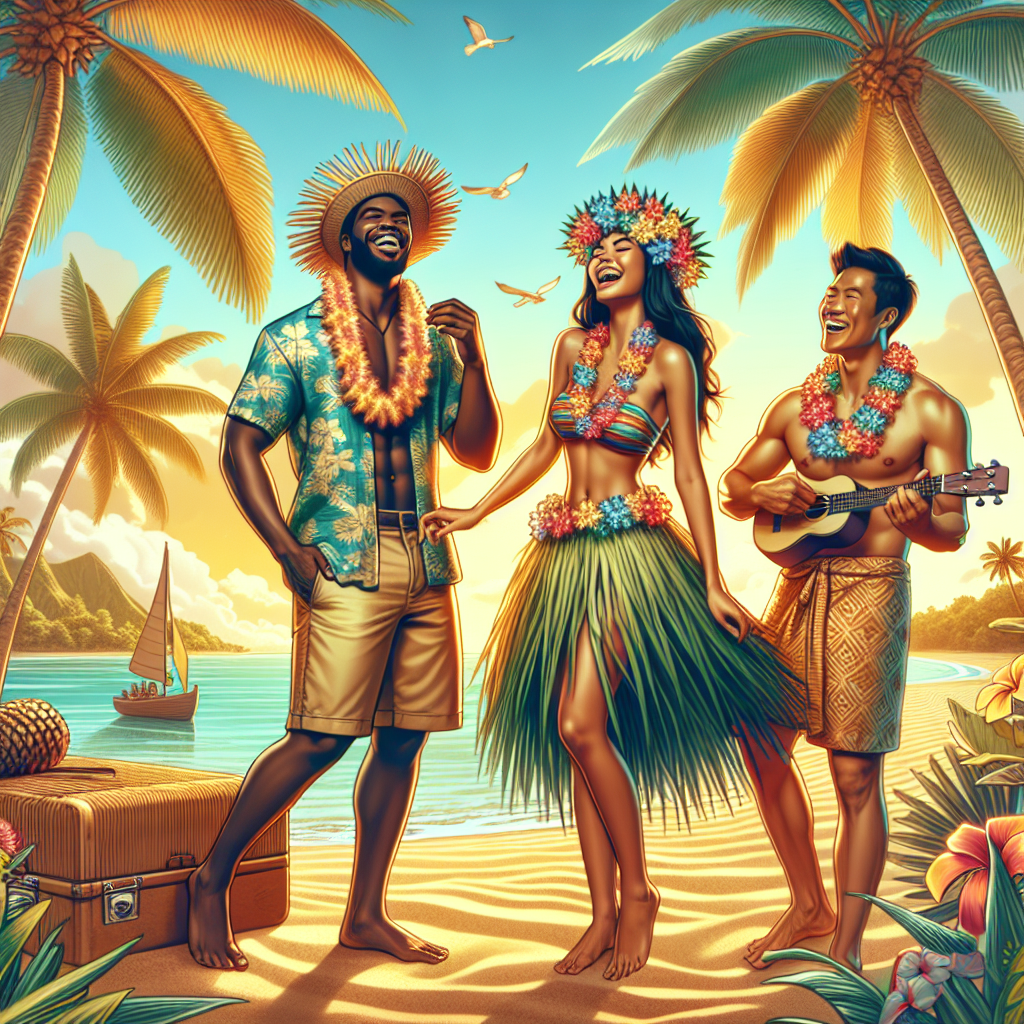 Stunning Luau Outfits: Best Styles for Tropical Bliss Visualize a tropical scene showcasing a variety of luau outfits. In the image, three people are enjoying the vibrant beach party. One person is a Black man wearing a classic Hawaiian shirt, khaki shorts, and a straw hat. Next to him, a Hispanic woman in a colourful hula skirt and a floral lei is laughing. A little distance away, an Asian man plays a ukulele, dressed in a traditional Polynesian sarong and a garland of flowers around his neck. Around them, radiant palm trees sway gently in the sea breeze, completing the blissful tropical atmosphere.