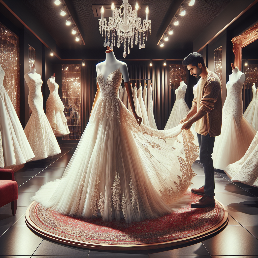 Stunning Outfits for Wedding Dress Try-Ons: Effortless Style Visualize a riveting scene from a posh boutique dedicated to wedding dresses. Up front, a South Asian woman is effortlessly looking at a wedding gown with intricate lace details and flowing tulle skirt satisfyingly hung on a cherry wood mannequin. To her left, a Middle-Eastern man is adjusting a similar gown on a mannequin delicately. Evocative of elegance and mesmerizing style, the boutique ambiance offers a magnificent backdrop with spotlights highlighting small details of each gown, mirrored walls and a lush red carpet. The clothes racks are filled with stunning dresses, each unique and glamorous in its style.