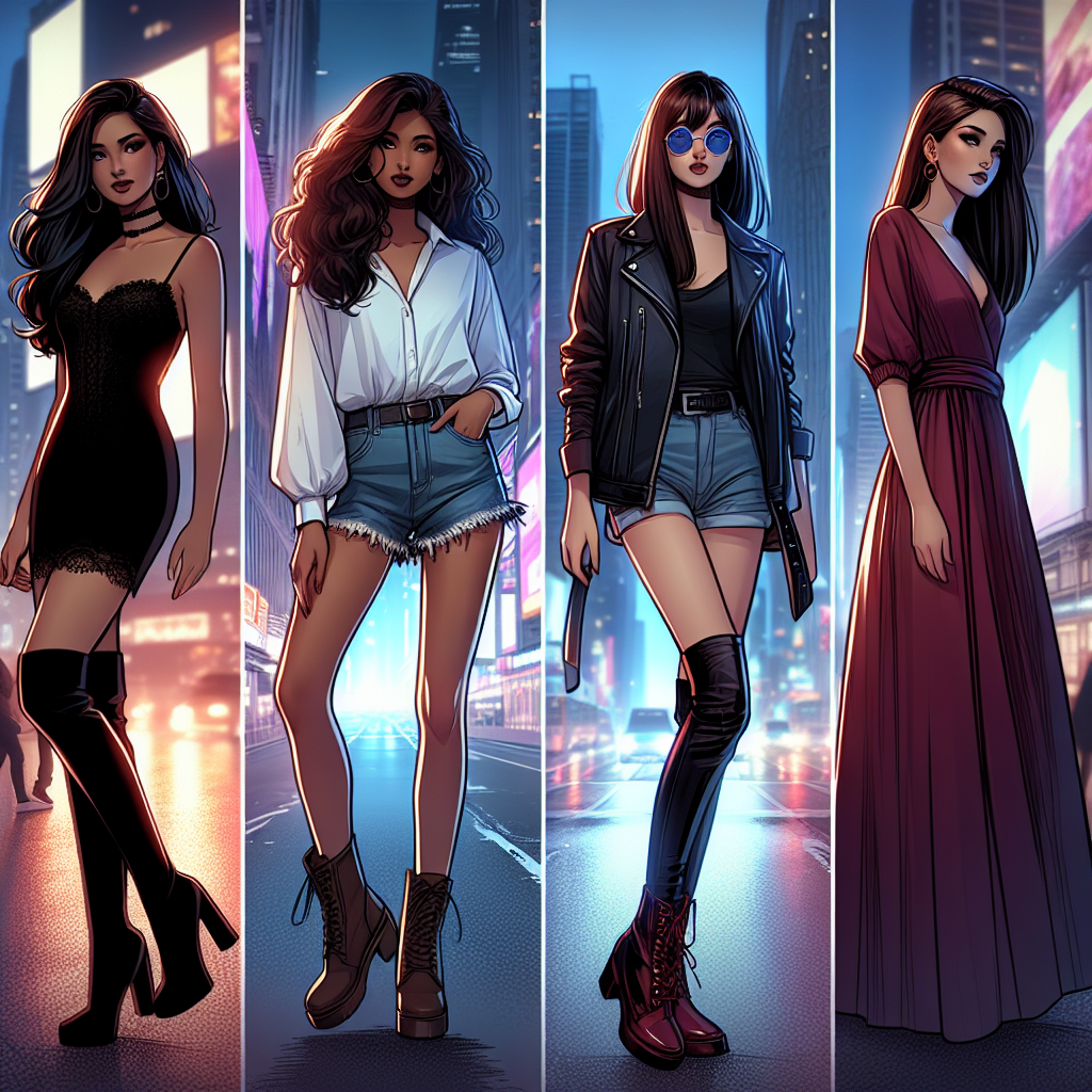 Must-Have Outfits for a Night Out with Thigh-High Boots Imagine an evening city background with the glow of neon lights illuminating the streets. In the foreground, consider four women with diverse backgrounds (South Asian, Caucasian, Hispanic, and Middle-Eastern) each showcasing their unique fashion sense. The first woman stands poised in a tantalizing black bodycon dress with black thigh-high boots. The second woman showcases a loose white blouse tucked into denim shorts, paired with brown thigh-high boots. The third woman radiates cool vibes in a stylish leather jacket, skinny jeans, and red thigh-high boots. Lastly, the fourth woman emanates elegance in a flowing burgundy dress paired with sleek, black thigh-high boots.