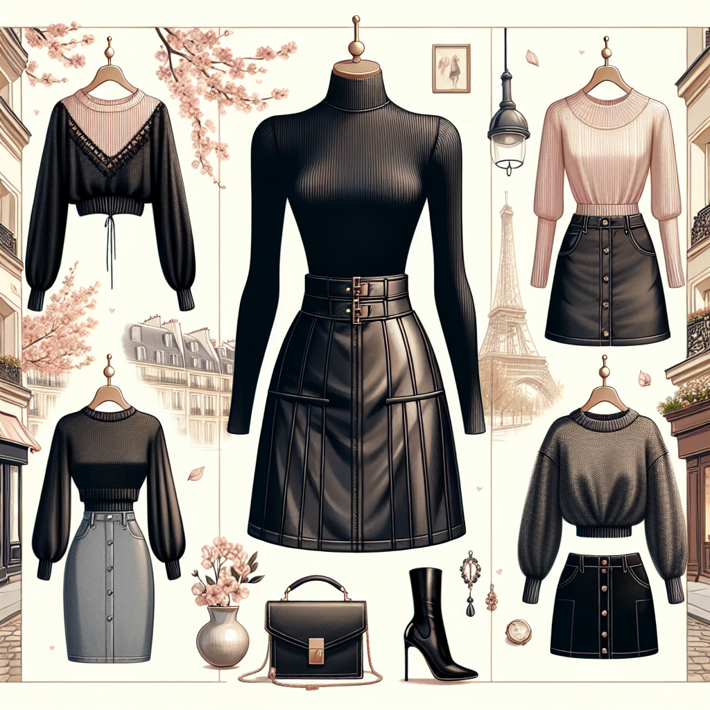 Must-Have Outfits for Paris in April with a Leather Skirt Create a fashionable and persuasive set of must-have outfits perfect for Paris in the month of April. Include a black chic leather skirt which is the key piece of all outfits. Visualize a combination of stylish sweaters, trendy blouses, elegant accessories, and comfortable shoes appropriately paired with the leather skirt. Display these outfits on a diverse range of mannequins, showcasing women of different descents including Caucasian, Asian, Hispanic, and Black, thereby representing all women. Position them against the backdrop of a picturesque Parisian street blooming with spring flowers.