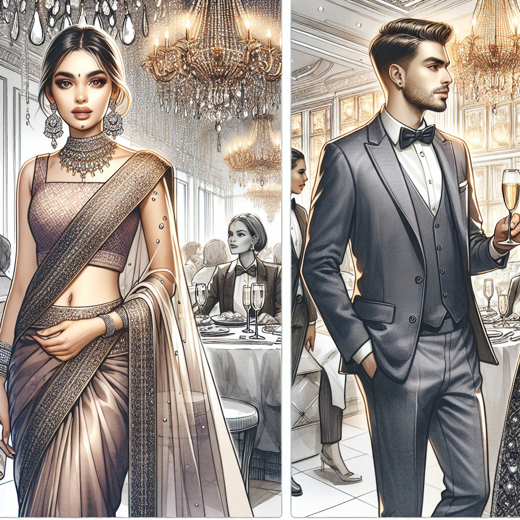 What to Wear to a 5-Star Restaurant: Exclusive Tips A detailed visualization of an elegant ensemble suitable for a 5-Star restaurant outing. Capture a stylish, South Asian woman in a sophisticated saree paired with intricate gold jewelry. Next, depict a Caucasian man in a meticulously tailored suit. Set these figures against the bustling backdrop of a luxurious 5-star restaurant, with crystal chandeliers hanging overhead and a glimpse of a well-dressed waiter serving champagne in the distance.