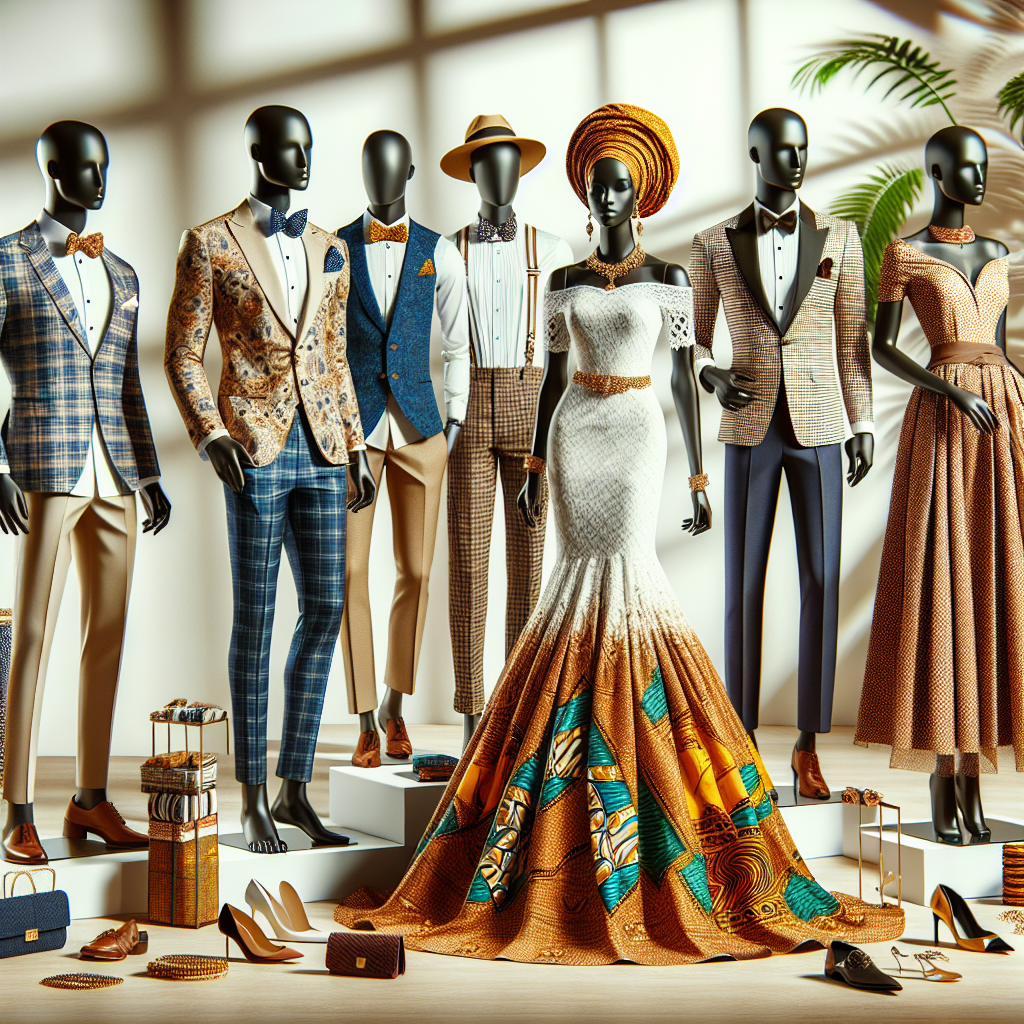 A fashion-oriented scene displaying must-have outfits for different wedding welcome parties. The display comprises of a stylish suit for a sophisticated Caucasian man, a fashionable lehenga for a South Asian woman, a beautiful African Ankara print dress for a Black woman, an elegant qipao for an East Asian woman, an attractive Guayabera for a Hispanic man, and a dapper Tuxedo for a Middle Eastern man. The attire is complemented by appropriate accessories, footwear, and small touches of customization like bow ties, pocket squares, jewelry, and the like. The garments are spread out upon stylish mannequins placed against an elegant backdrop.