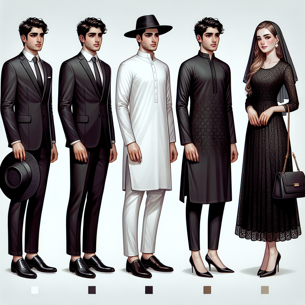 Funeral Attire Guide: Effortless, Respectful Choices A comprehensive visual guide on funeral attire, illustrating refined and respectful outfit choices for both men and women. On the left, depict a well-groomed Middle-Eastern man in a formal dark suit, white shirt and neatly knotted black tie, holding a stylish, yet somber black fedora hat. Centre the image with a handsome South-Asian man in a tasteful black kurta and white trousers, representing traditional ethnic wear. Towards the right, showcase a confident Caucasian woman in a graceful black midi dress, paired with subtle jewelry and a veil. Also, include a classic pair of black pumps and a tasteful clutch purse as suggested accessories.