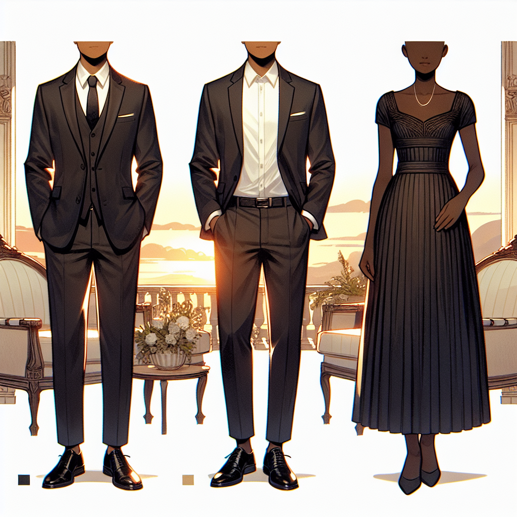 Imagine a scene illustrating elegant and respectful clothing choices for a memorial. Visualize a selection of attire suitable for both genders. Picture a South Asian man in a well-tailored dark suit with a white shirt, and a black woman in a modest, yet stylish black dress. Include finer details such as a black tie for the man and subtle jewelry for the woman. The background should portray a calm, peaceful environment to reflect the solemn occasion such as a soft sunset or an ornate, yet understated indoor setting.