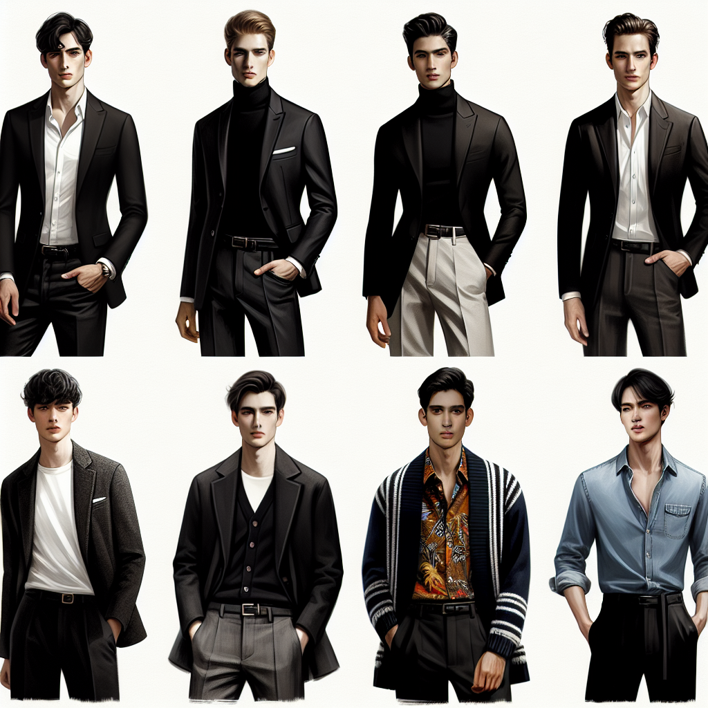 Exclusive Guide: Best Outfits with a Black Blazer for Men Visualize a comprehensive guide showcasing an array of fashion-forward looks combining a black blazer for men. The first ensemble features a Caucasian male with a black, fitted blazer paired with a crisp white shirt and dark jeans. The second outfit reveals a black male model who complements his black blazer with a turtleneck sweater and classic khakis. The third scene displays an Asian man sporting his black blazer with a vibrant, patterned button-up and sleek trousers. Lastly, a South Asian man dons his blazer with a light blue denim shirt and black pants. All models represent different ages and body types, capturing the inclusivity and diversity of modern fashion.