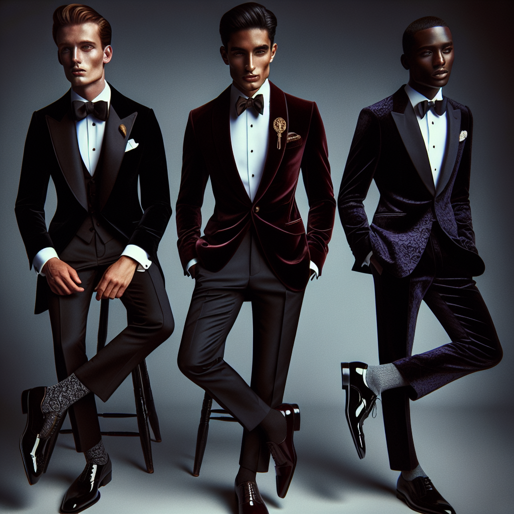Stunning Gala Attire for Men: Effortless Elegance Envision an elegant gala scene with multiple men showcasing stunning attire. The first gentleman is a Caucasian man in a classic black tuxedo with a silk bow tie, his hair slicked back in a vintage style. The second person is a South Asian man donned in a rich velvet burgundy dinner jacket paired with a crisp white shirt and a gold pocket square. Lastly, the third person is a Black man wearing a sophisticated midnight blue three-piece suit, accessorized with a silver tie and matching cufflinks. As a unifying element, all of them wear patent leather oxford shoes. Their effortless elegance exudes confidence and charm.