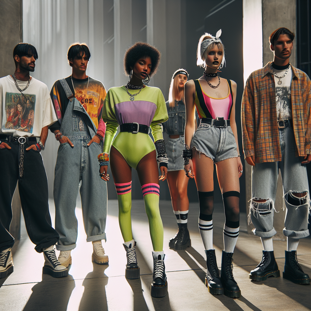 Aptly epitomizing the quintessential fashion aesthetics of the 1990s. In the scene, there are several individuals, making bold fashion statements that reverberate with the 90s era. A Caucasian man in an oversized graphic t-shirt, baggy jeans and chunky sneakers. A Black woman sporting vibrant neon colors, wearing a bodysuit, high waisted shorts, knee-high socks, and a bandana. A Hispanic man, stylish in a distinctive grunge look: torn jeans, plaid shirt tied around the waist, and a band T-shirt. A South Asian woman in a classic 90s slip dress, a choker necklace, and Dr. Martens boots, perfectly embodying the minimalist 'less is more' aesthetic of the era. The atmosphere is upbeat and nostalgic.