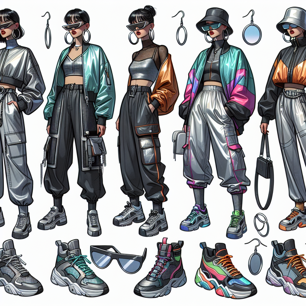 Design an eclectic array of outfits appropriate for attending a hip-hop concert. The first outfit should be a striking ensemble featuring oversized jeans and a metallic bomber jacket. Add large hoop earrings and chunky sneakers, capturing an early 2000s vibe. The second outfit channels a futuristic aesthetic, with sleek leggings, a reflective crop-top, and high-top sneakers. Accessorize with angular sunglasses and a neon-colored crossbody bag. The third outfit embodies 90s Hip-Hop style. Include baggy cargo pants, a colorful windbreaker, and sneakers with gleaming shoelaces. Finish this look with a bucket hat. Render these outfits on a variety of body shapes to ensure inclusivity.