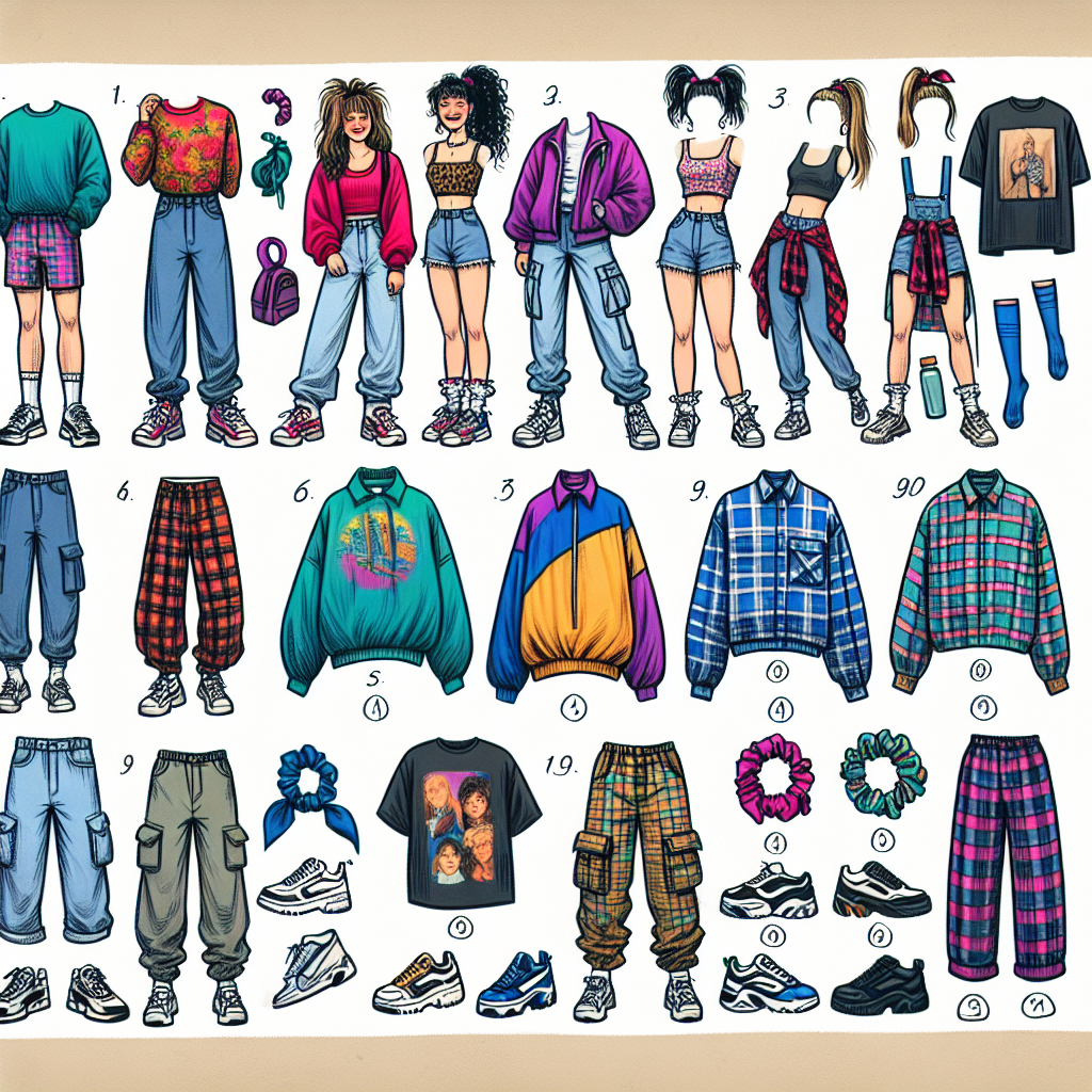 Visualize an informal guide on what to wear to a 90s party. Imagine a layout with sections divided into various clothing options. Featured looks should include baggy jeans, vibrant windbreakers, plaid flannel shirts, crop tops, and chunky sneakers. Also incorporate iconic 90s accessories like scrunchies, bandanas, and fanny packs. Display a few ensemble examples: one on a Caucasian male with long, brown hair wearing baggy jeans and a windbreaker, a black female with a high ponytail and wearing a crop top and plaid flannel, and an Asian male with short hair wearing an oversized t-shirt and cargo shorts.