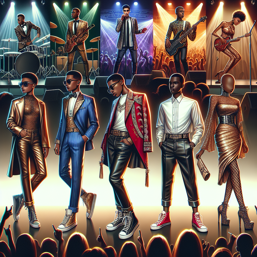 Create a captivating scene that showcases an array of stunning outfits suitable for attending a pop music concert. The image should include a sharp ensemble for a Hispanic man, a stylish outfit for a Black woman, and a trendy dress for a Middle-Eastern woman. Each outfit should encapsulate the energy of a live music event, with shiny fabrics, eye-catching accessories, and stylish footwear. Bear in mind the vibrant and dynamic atmosphere of the concert, and allow the outfits to reflect the passion and enthusiasm for music.
