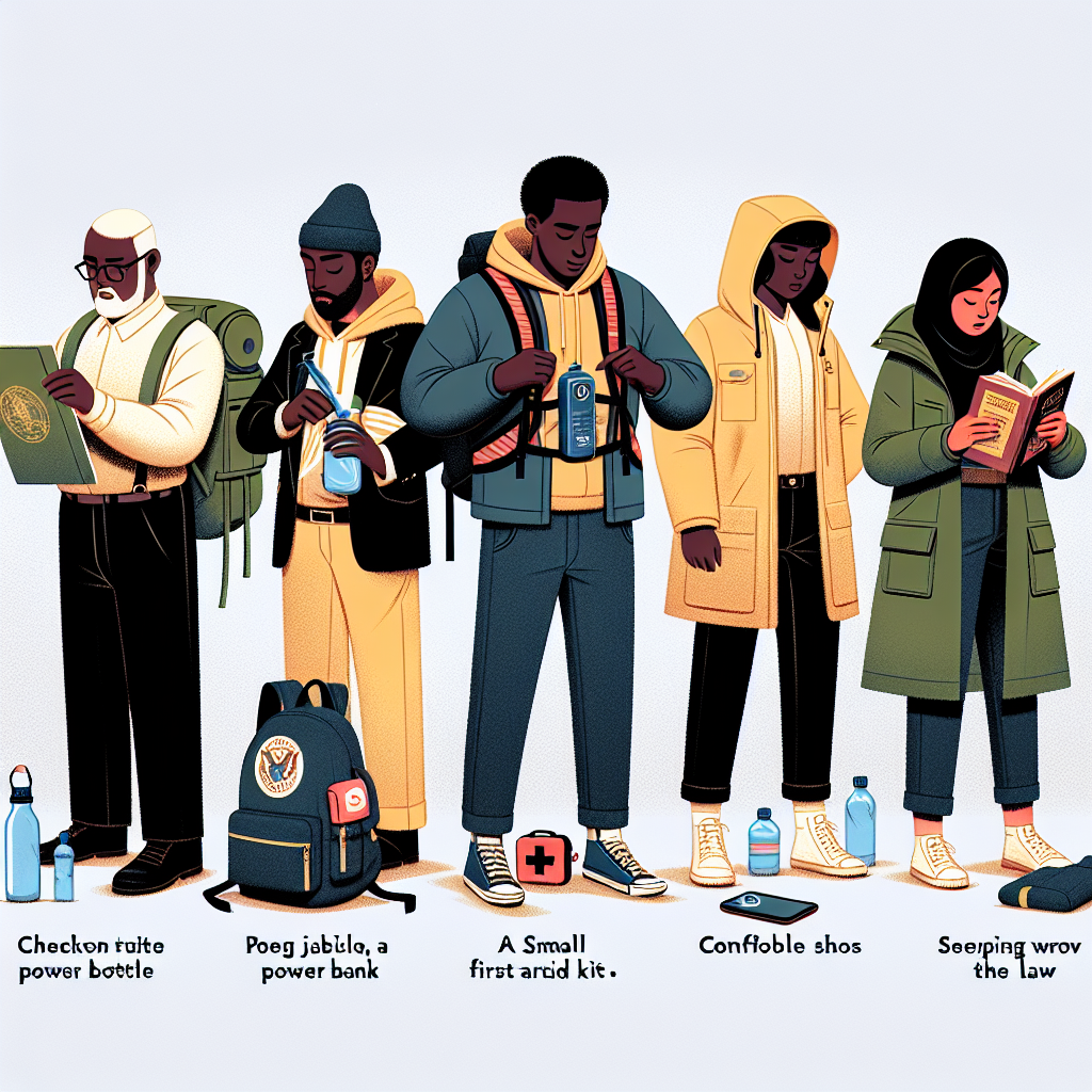 An educational illustration showcasing a diverse group of five individuals preparing for a peaceful rally. The first person, a Middle-Eastern man, is checking his backpack and ensuring it contains a water bottle, power bank, and small first aid kit. The second person, a Black woman, is donning a jacket with visible pockets, useful for carrying essentials. The third person, a Hispanic man, is holding up a raincoat, suggesting the importance of preparing for all weather conditions. The fourth person, a South Asian woman, is putting on comfortable shoes for walking, seeping with wisdom about comfort. The last person, a Caucasian woman, is holding a legal guidebook, reminding us of the importance of knowing the law.