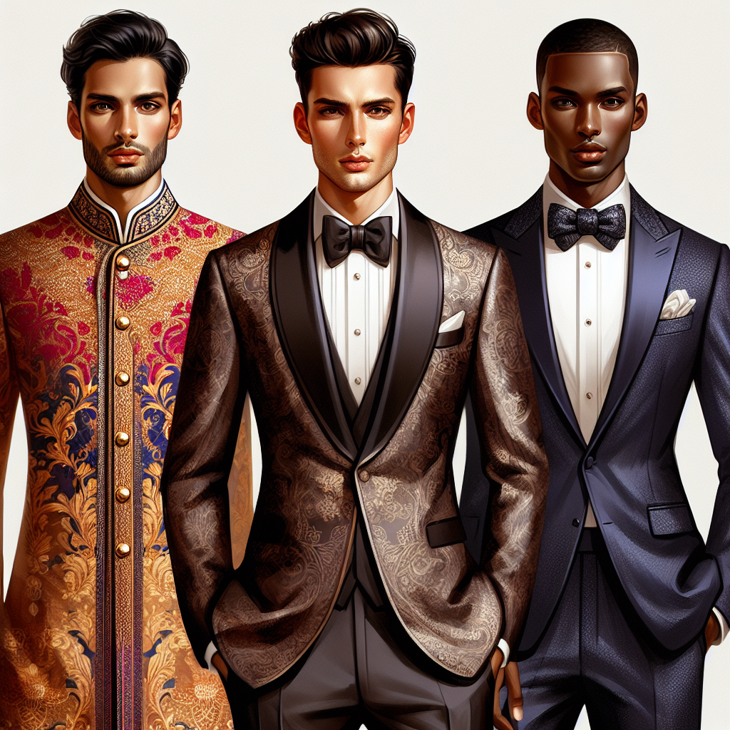 Visualize a fashionable, high-quality collection of men's wedding guest attire. The image should showcase three distinct ensembles. The first ensemble is a dapper looking South Asian man in a richly detailed, vibrant sherwani. The second features a sophisticated White man wearing a classic black tuxedo with a sleek bowtie. Lastly, a dashing Black man in a sleek dark blue suit with a crisp white shirt and a trendy pocket square. Each attire should exude elegance, class and befitting for a grand wedding.