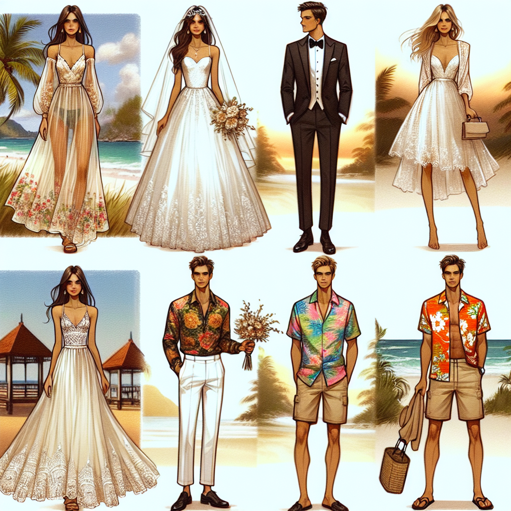 Imagine a collage featuring four different outfits ideal for a wedding in Florida. The first ensemble should be an airy summer dress with floral motifs, appropriate for a guest of Middle-Eastern descent. The second outfit should depict a classic, white bridal gown with lace details, worn by a South Asian bride. The third look entails a stylish tuxedo on a Hispanic groom, perfect for a semi-formal wedding. The last outfit can be a colorful Hawaiian shirt paired with khaki shorts, portraying a laid-back Caucasian groom's attire for a beach wedding. The looks should embody effortless style and the warm climate of Florida. Display these outfits against a backdrop of a sandy beach with swaying palm trees to capture the essence of a Florida wedding.