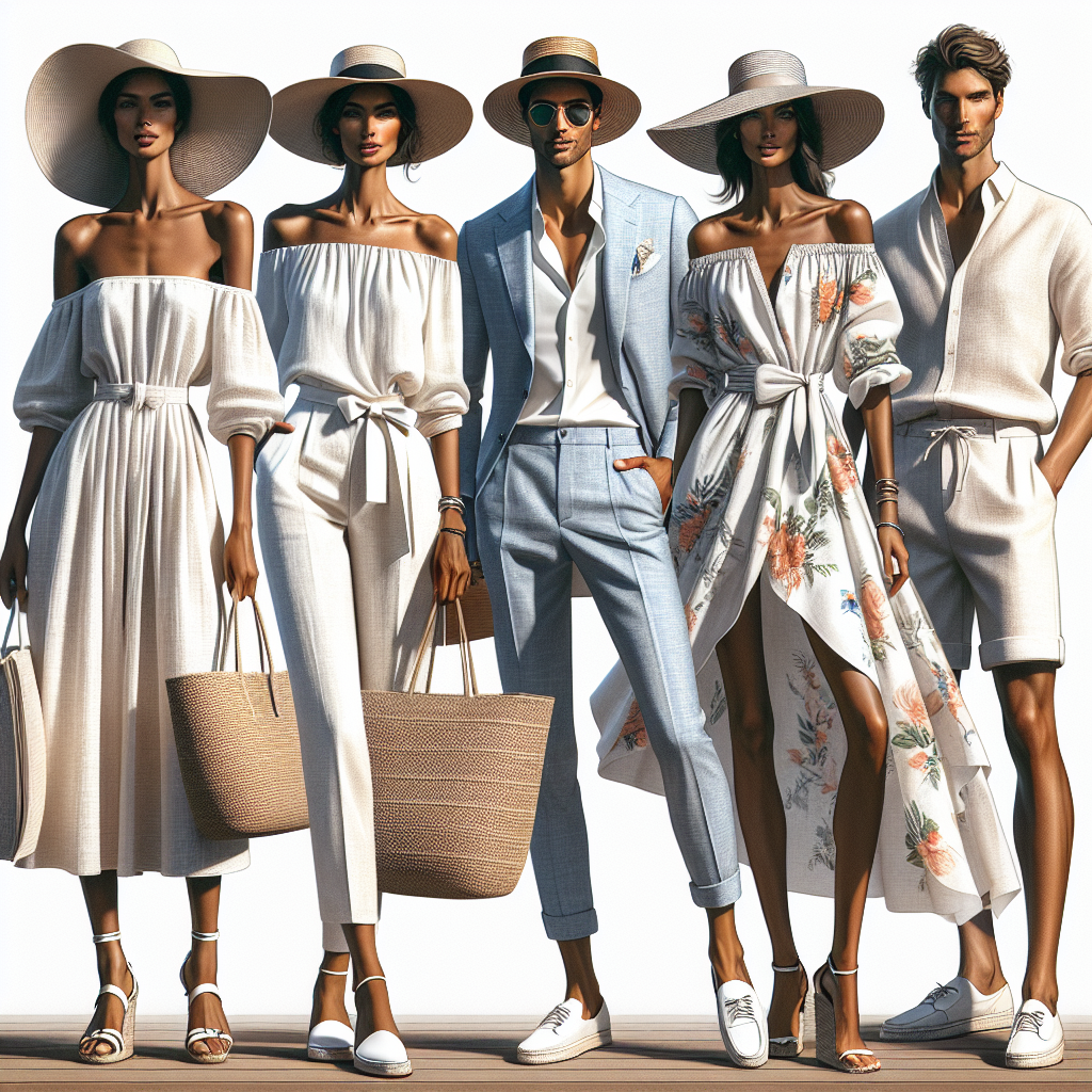 Cruise Chic: Must-Have Daytime Styles for Effortless Elegance Imagine an array of daytime styles personifying effortless elegance onboard a luxury cruise. The first outfit is modeled by a slender Middle-Eastern woman who is donning a breezy white linen dress paired with a wide-brimmed sun hat and light designer sandals. The second sartorial marvel, sported by a stylish Black male, is a natty linen suit in a shade of pastel blue with soft white boat shoes and aviator sunglasses. The third look, exhibited by a trendy white woman, is a delightful mixture of a vibrant tropical print, off-the-shoulder maxi dress teamed with espadrille wedges and a straw tote bag. The fourth attire, carried off by a svelte South Asian male, combines a light breathable shirt, fashion-forward shorts, and cool canvas shoes. The perfect ensembles for a sun-drenched day at sea.