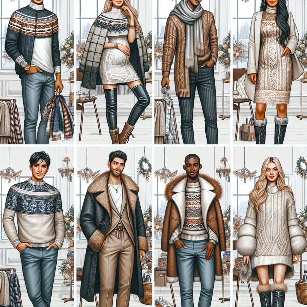 Imagine an indoor setting, beautifully decorated with winter themes for a baby shower. A group of guests are shown in different trendy winter baby shower outfits, showcasing a variety of must-have styles. Each guest is showcasing a unique fashion, including warm sweaters, elegant dresses, chic boots and stylishly layered outfits. A South Asian man is wearing a lavishly patterned sweater with a scarf. A Caucasian woman is dressed in an elegant knit dress with fur-lined boots. A middle-eastern woman is modeling a stylishly layered outfit topped with a long, open-front, faux-fur coat. A black man sports a smart casual look with a crisp white shirt, pullover, jeans, and leather boots. Each outfit resonates with the joyous spirit of a winter baby shower.