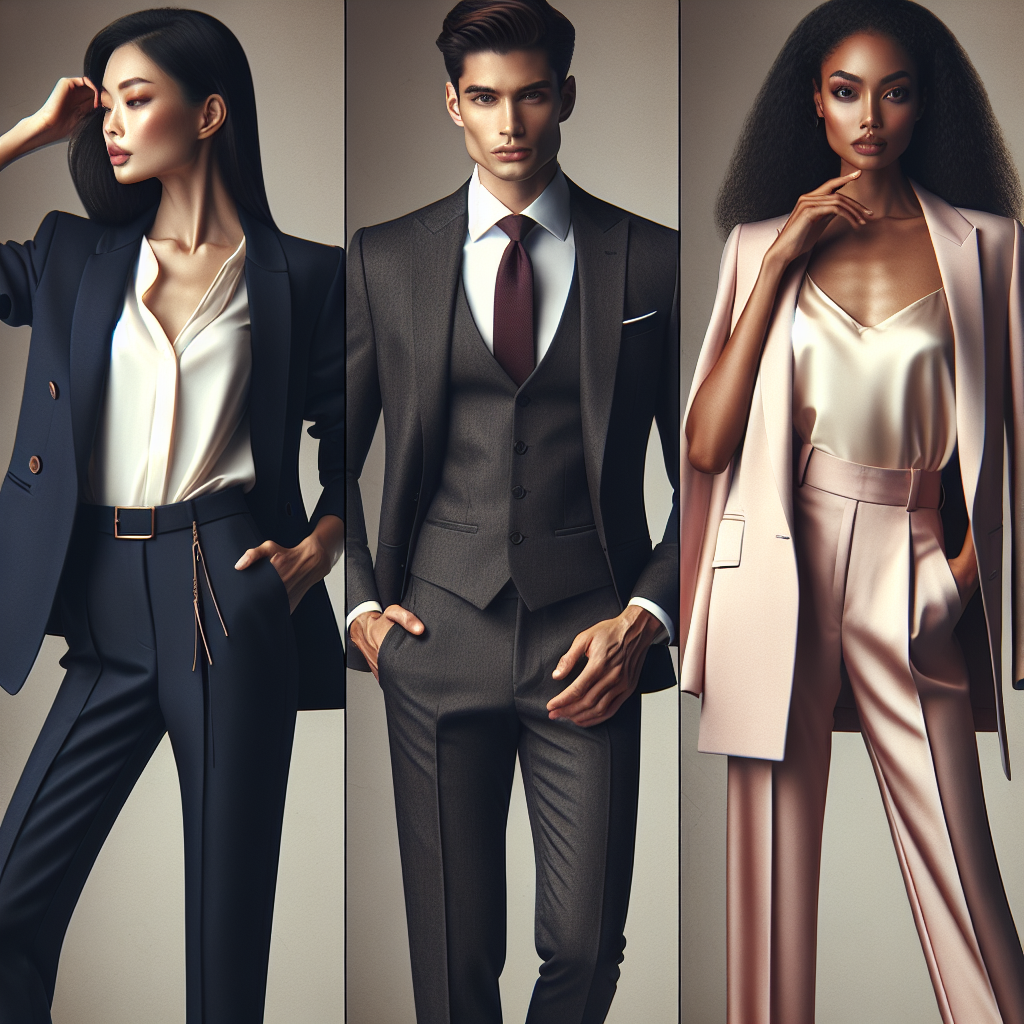 Stunning Business Conference Outfits: Effortless Style Imagine a collection of stunning business conference outfits that radiate effortless style. The first is worn by a Caucasian woman, consisting of a sleek navy blazer, coordinated trousers, and a crisp white blouse. Next to her, an Asian man models a sharp charcoal suit, perfectly paired with a maroon tie. Then, a Black woman showcases an elegant pastel pink trouser suit, complemented by a silk cream top. Lastly, a Hispanic man strikes a pose in a tailored beige two-piece suit with a crisp blue shirt. These outfits exemplify class, sophistication, and modern corporate fashion.