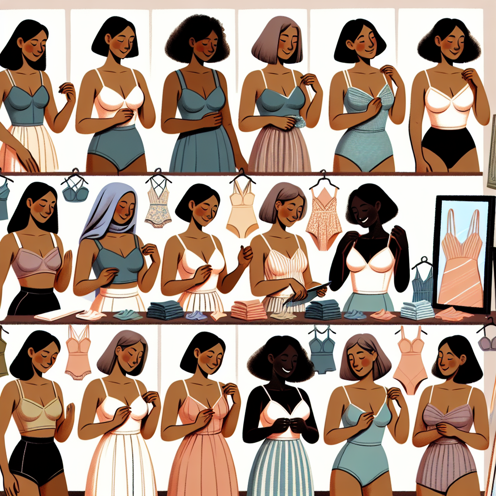 Illustrate a comprehensive selection of different styles and options that a woman can wear under a low-cut dress. Depict a range of diverse women with different body types and descents such as Caucasian, Hispanic, Black, MiddleEastern, and South Asian trying on various undergarments like camisoles, bodysuits, bralettes, and bandeaus. Show the garments in a variety of colors and materials, to provide a full spectrum of possibilities. Display the women examining their choices in front of a mirror in a lighthearted, positive, and empowering atmosphere.