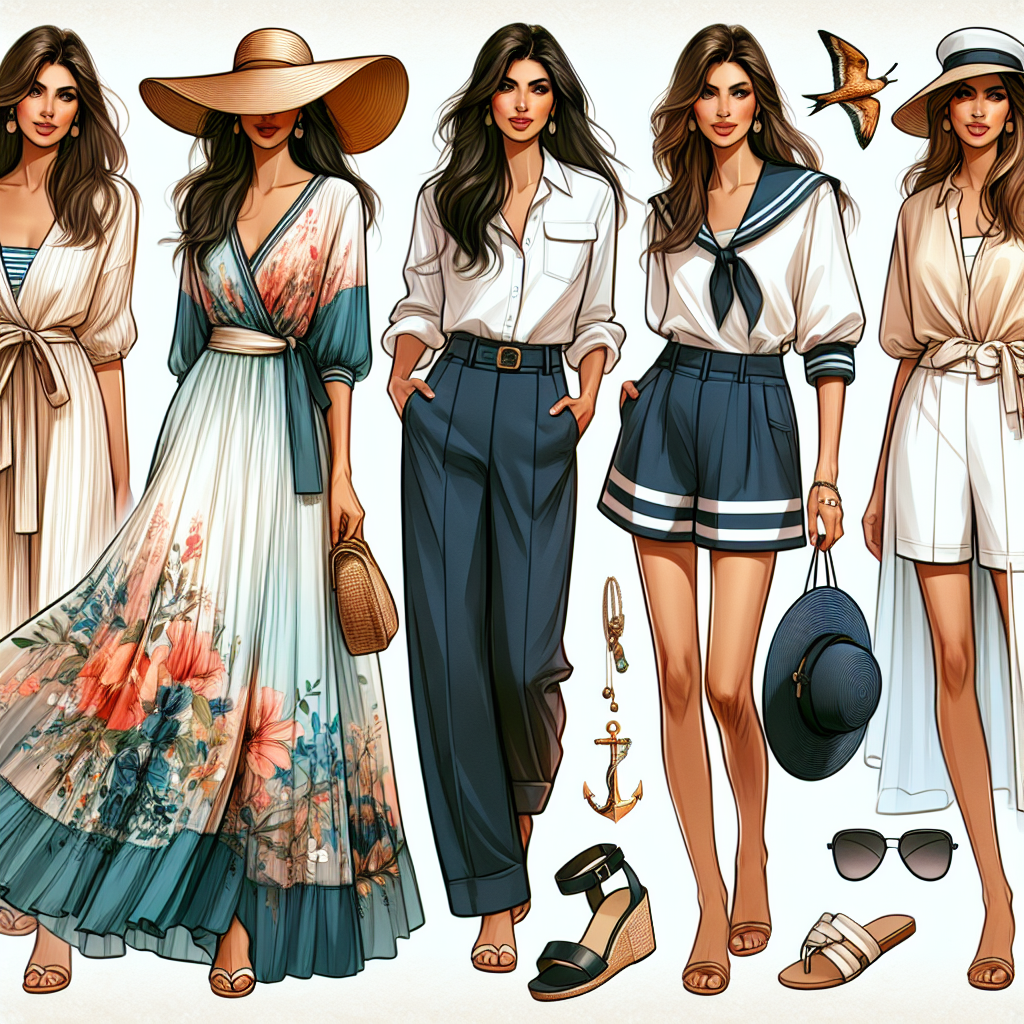 Stunning Cruise Outfits for Women: Effortless Elegance A collection of stylish cruise outfits for women, embodying effortless elegance and comfort. The assortment includes a fluid maxi dress with a vibrant floral pattern worn by a South Asian woman, a chic sailor-inspired ensemble featuring a crisp white blouse and navy shorts displayed by a Hispanic woman, and a casual yet sophisticated loungewear set in gentle pastels modelled by a Caucasian woman. Additionally, let there be a variety of wide-brimmed sun hats, oversized sunglasses, light shawls, elegant sandals, and tasteful jewelry to complement the looks.