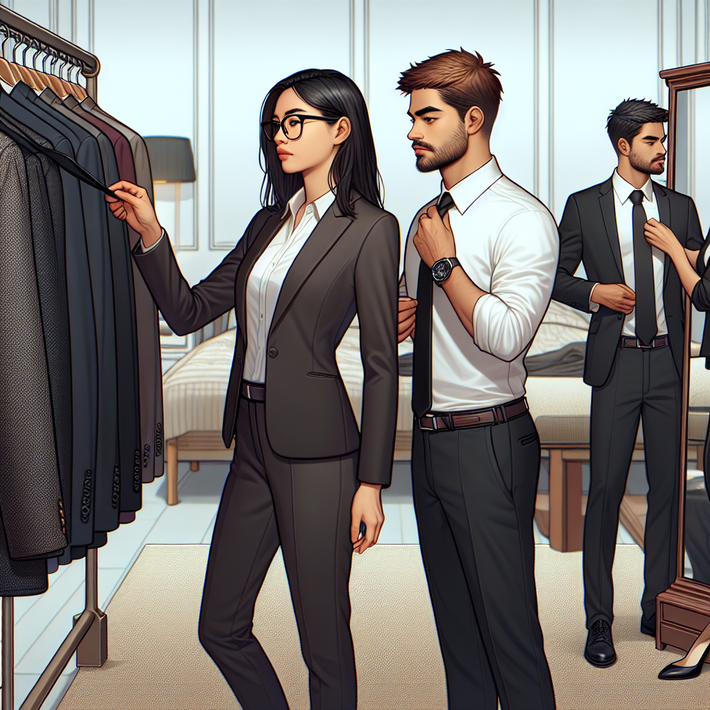 Generate an image featuring three individuals preparing for a viewing wake. The South Asian woman, who has dark hair and wears contemporary glasses, is choosing a dark gray business suit from a clothing rack. Beside her, a black man with a neat beard is adjusting a black tie on his crisp white shirt. Lastly, a Hispanic woman with medium-length brown hair is checking her reflection in a tall mirror, showing she's in a respectful, black dress. Background hints at a well-lit room with a soft beige carpet and a wardrobe filled with various solemn outfits, reflecting the occasion.