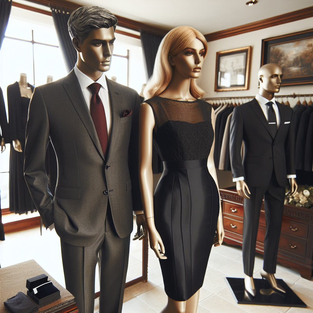 Picture a scene of a memorial service attire shop that offers outfits reflecting respect and effortlessness. Display mannequins dressed in suitable clothes. The mannequin on the left is a middle-aged South Asian man, wearing a subtle, yet elegant black suit with a deep burgundy tie. The mannequin in the center is a young Caucasian woman in a sophisticated black knee-length dress, adorned with a delicate pearl necklace. The mannequin on the right is a senior Hispanic man, styled in a charcoal grey suit that exudes dignity and grace. Depict the ambiance of the shop being warm and comforting.