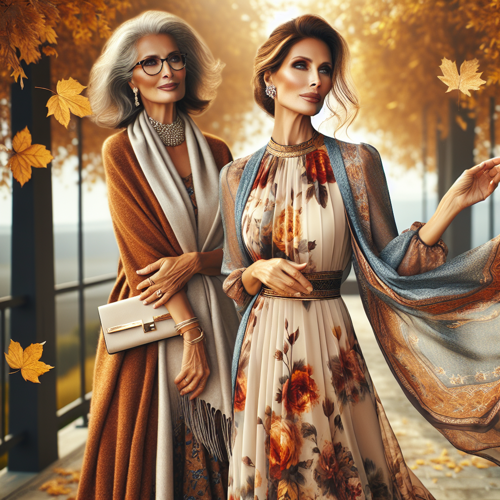 Stunning Fall Wedding Outfits for Women Over 50 Visualize an elegant outdoor scene during the fall season. A middle-aged woman with South Asian descent, serenely exuding confidence and grace, is fashionably dressed in a tasteful wedding guest outfit. Her attire captures the warm colors of autumn, with a chiffon maxi dress adorned with rich, fall-inspired prints. Complementing the dress, she wears a comfortable pair of low-heeled shoes, an elegant pashmina draped over her shoulders for warmth, and a chic clutch. Nearby, golden leaves are falling from the trees, echoing the hues of her wardrobe, and adding a touch of elegance and charm.