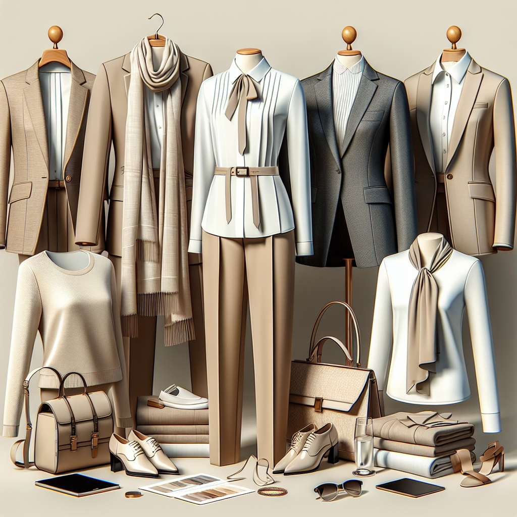 Imagine a fashion display of elegant interview outfits from an upscale brand. The ensemble consists of a sleek blazer, crisp trousers, and a chic blouse. Each garment features neutral colors, accentuating a professional yet stylish appearance. There are a variety of accessories on the scene like scarves, belts, and bags that add tasteful touches to the outfits. A pair of polished shoes complements the entire look. Overall, the depiction asserts a blending of style, sophistication, and comfort - a perfect choice for stunning and effortless interview dressing.