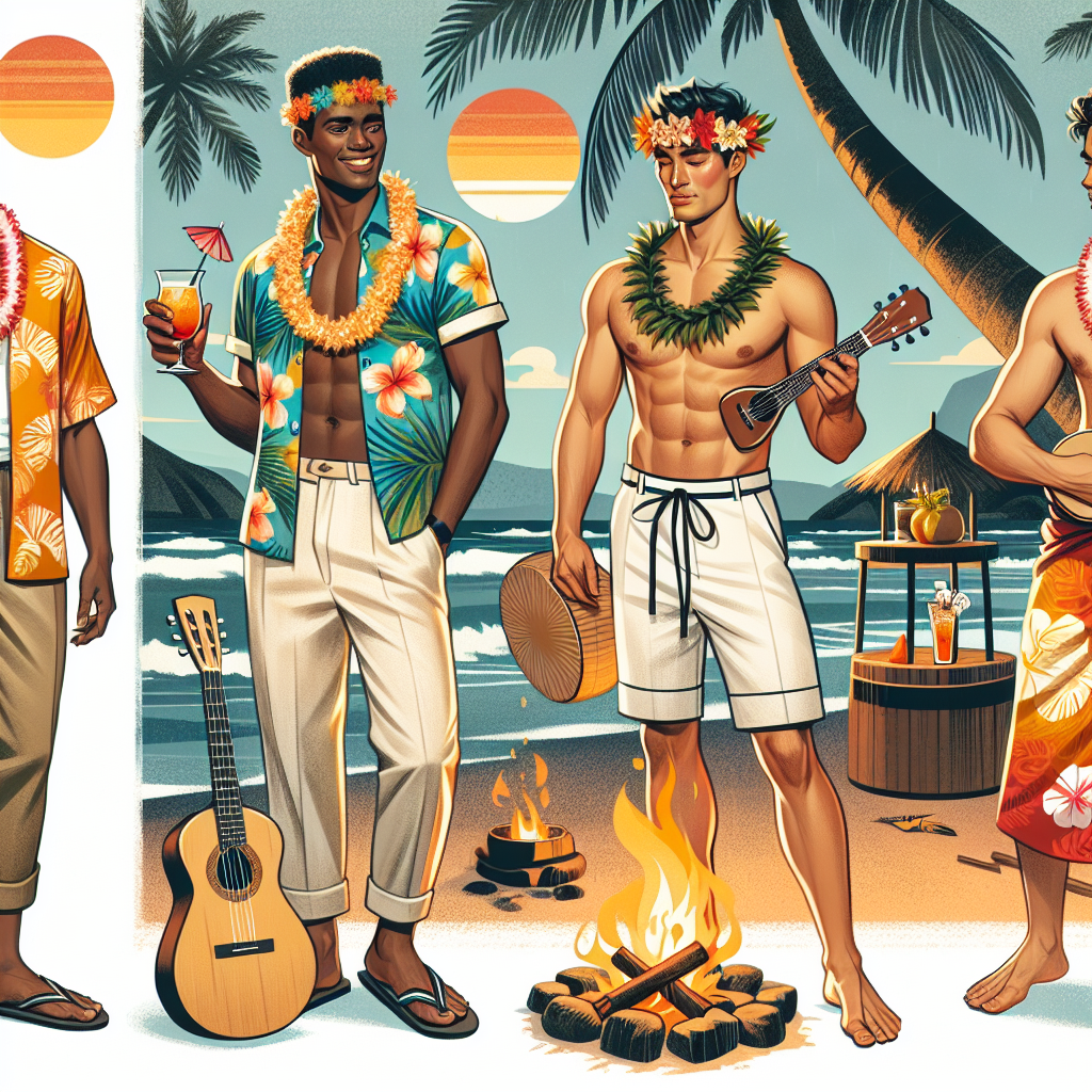 A style guide illustration for a luau themed party showcasing must-have looks for men. These include an African man in a brightly colored Hawaiian shirt and khaki shorts, sipping a tropical drink under a palm tree. Next to him, a Hispanic man is seen sporting white linen pants and a floral lei around his neck, strumming a ukulele by a beach bonfire. In the background, an Asian man in a vibrant sarong, bare-chested with a monstera leaf headband, is doing a traditional Hawaiian dance. The scene is set in an idyllic beach with the sunset in the horizon.