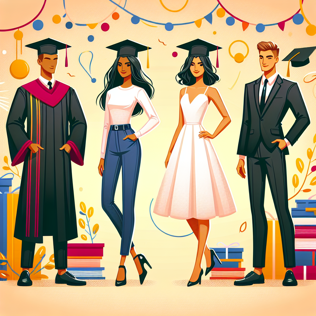 Create a vibrant and stylish image depicting four different graduation ceremony attires. The first should be a traditional cap and gown, worn by the South Asian male graduate. The second outfit is a chic business casual ensemble sported by a Black female graduate. The third, an elegant white dress worn by a Middle-Eastern female graduate. Lastly, a fashionable suit worn by a Caucasian male graduate. The background should set a cheerful mood signifying the festive spirit of a graduation ceremony.