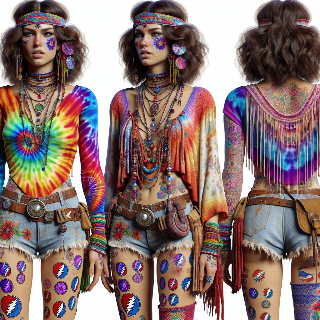 Exclusive Outfits for the Ultimate Deadhead Woman Create a vivid and detailed image of a woman with a unique sense of style, highly influenced by the spirit of the 1960s and 70s counterculture. She's adorned in colourful tie-dye garments, layered clothing, bead and fringe accessories, and psychedelic inspired patterns. These are exclusive outfits that speak to her love for Deadhead culture, enriched by multiple flesh tattoos of symbolic icons related to the musical subculture. Her clothing captures the sense of freedom, expression, and communal spirit that defined the Grateful Dead and their followers.