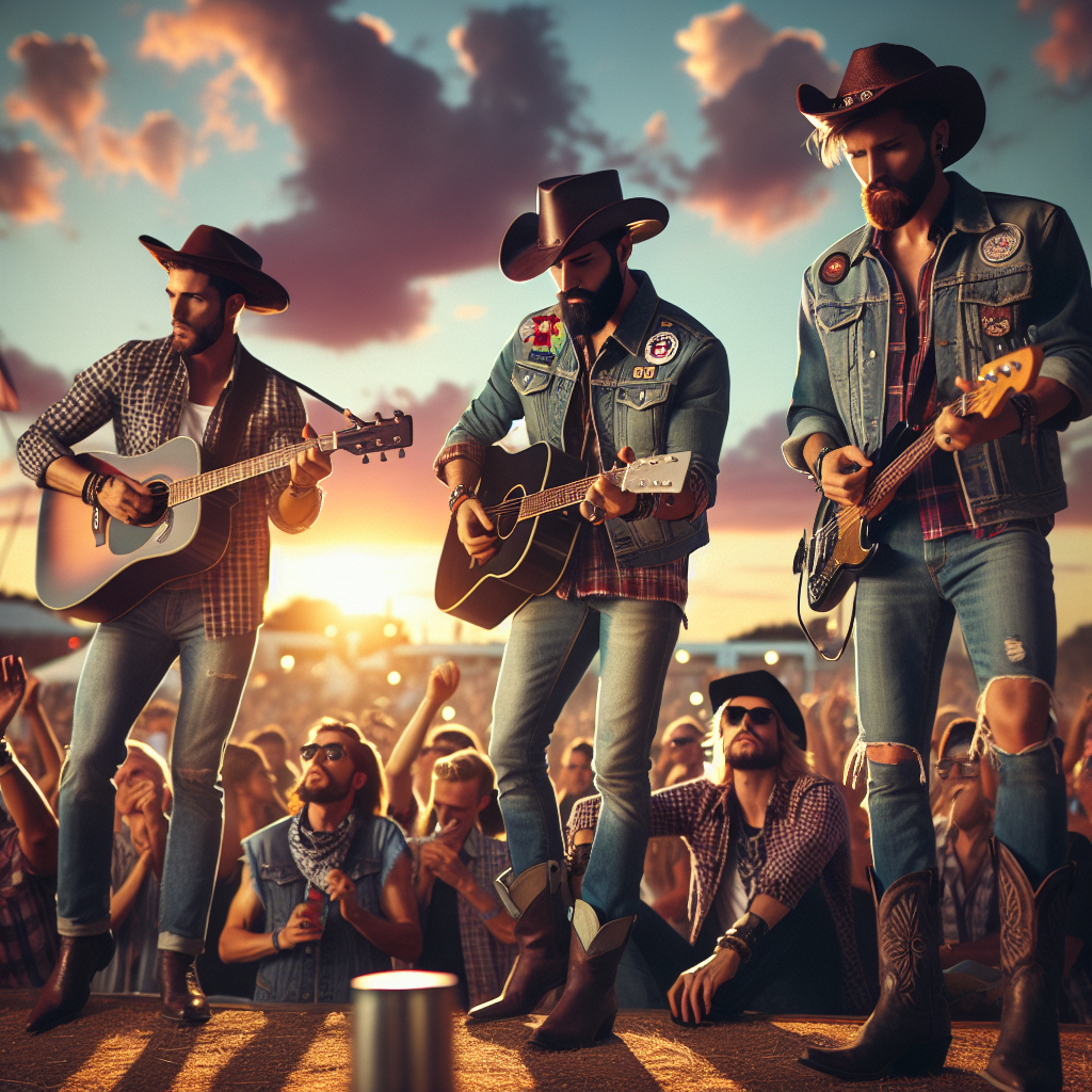 An exciting outdoor country concert scene in the summer. The sun is setting, painting the sky with hues of pink and orange. Music is buzzing in the air. A few stylish men are standing out in the crowd, their fashion choices contemporary yet richly influenced by classic country styles. One man, of Hispanic descent, wearing a modern cowboy hat and a plaid shirt, is strumming a guitar. Another man, of Caucasian descent, with facial beard dons a denim jacket with badges, blue jeans, and boots. Finally, a third man, of Black descent, in a weathered leather jacket and a bandana, is tapping his foot to the rhythm.