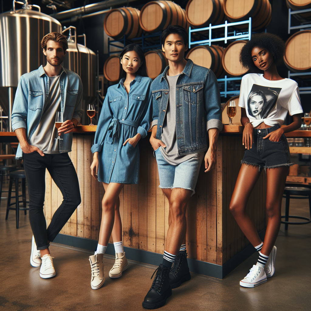 What to Wear to a Brewery: Effortless, Stylish Picks Picture a casual social scene set inside a modern brewery, with individuals enjoying the laid-back atmosphere. On the left, visualize a Caucasian man dressed in dark jeans and a light-colored shirt rolled up to the elbows, showcasing a casually stylish attire. Centrally placed is an Asian woman donning a denim jacket paired with a classy, airy summer dress and boots, exuding an effortless chic vibe. On the right is a black woman wearing a cool graphic tee, high-waist shorts and sneakers making her an epitome of modern, comfortable style. The setting is enhanced with wooden casks and brewing equipment in the background.
