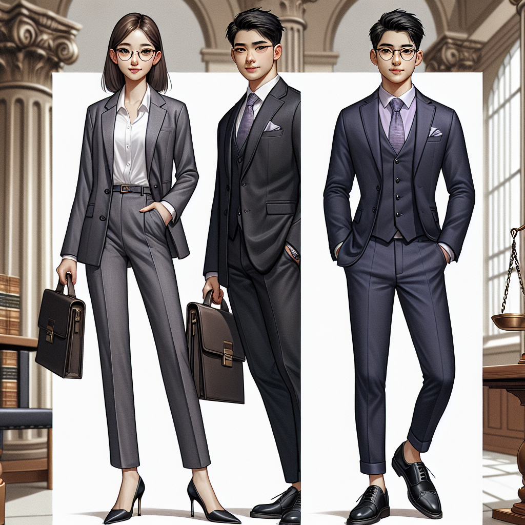 What to Wear to Court: Effortless, Must-Have Guide An image illustrating a guide on what to wear to court. Picture this: an Asian woman in her early thirties, smartly dressed in a charcoal grey power suit with well-fitted pants, a crisp white shirt, and black heels. She's holding a leather briefcase in one hand and a stylish pair of glasses in the other. Alongside her, a Middle Eastern man around the same age, wearing a tailored navy blue suit, a lavender dress shirt, a harmoniously matching tie, and black Oxford shoes. He has a confident yet cultured expression. Showcase them in a grand, legal setting with columns and scales of justice in the background.