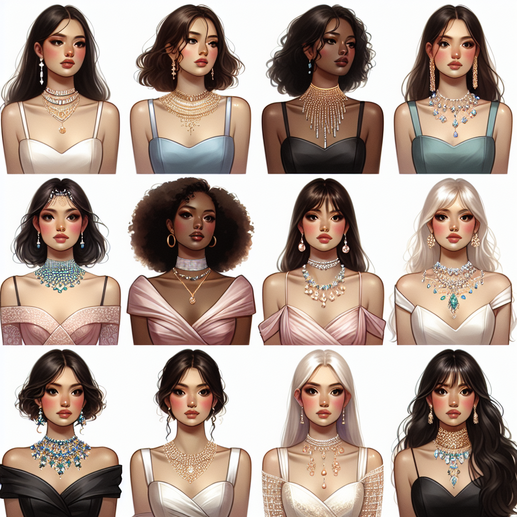Stunning Necklaces for Square Neck Dresses: Perfect Picks A visually detailed summary of stunning necklaces that best complement square neck dresses. Imagine a diverse set of women, with a variety of descents such as Hispanic, Caucasian, Black, Middle-Eastern, and South Asian, each wearing a square neck dress. They each have a beautiful, intricate necklace that enhances the cut of their dresses. Some necklaces sparkle under a soft light, while others have beads or pearls that accentuate their necklines. Use pastel colors and focus on the intricate details of their jewelry as well as the elegant cut of their square neck dresses. The background should be a minimalist white to highlight the dresses and necklaces.