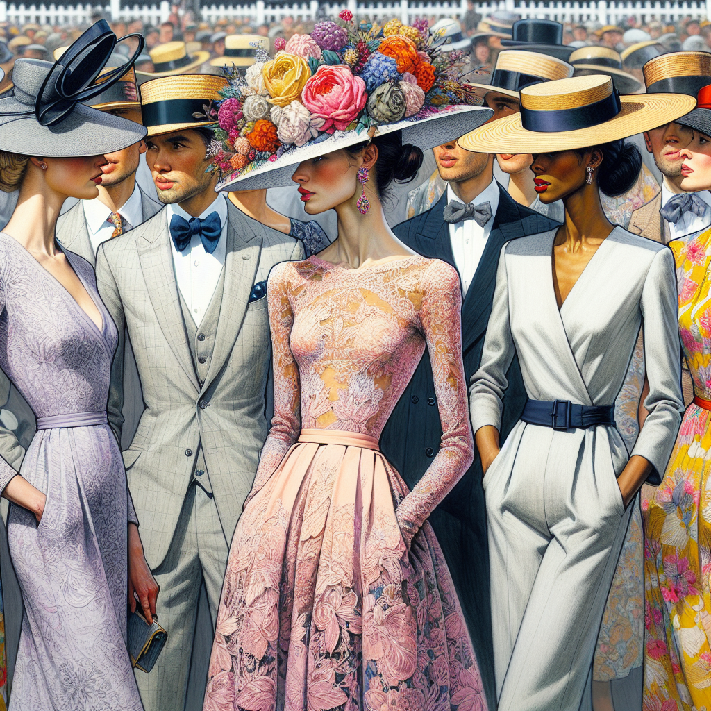 Stunning Derby Outfits: Effortlessly Chic Choices A detailed depiction of an outdoor event captures a group of people, each donned in stunning Derby outfits. The first person, a Caucasian woman, wears a hefty, well-structured hat with a broad brim, embellished with a riot of colorful flowers. Her dress is a knee-length, intricate lace design in pastel pink. The second person, an Asian man, has a fitted linen suit in light grey, a navy bowtie, and a straw boater hat. The third person, an African descent woman, flaunts a bold, floral print jumpsuit with an exaggerated sunhat trimmed with a wide, black ribbon. A vague crowd is in the background, each showcasing unique styles representative of Derby fashion.
