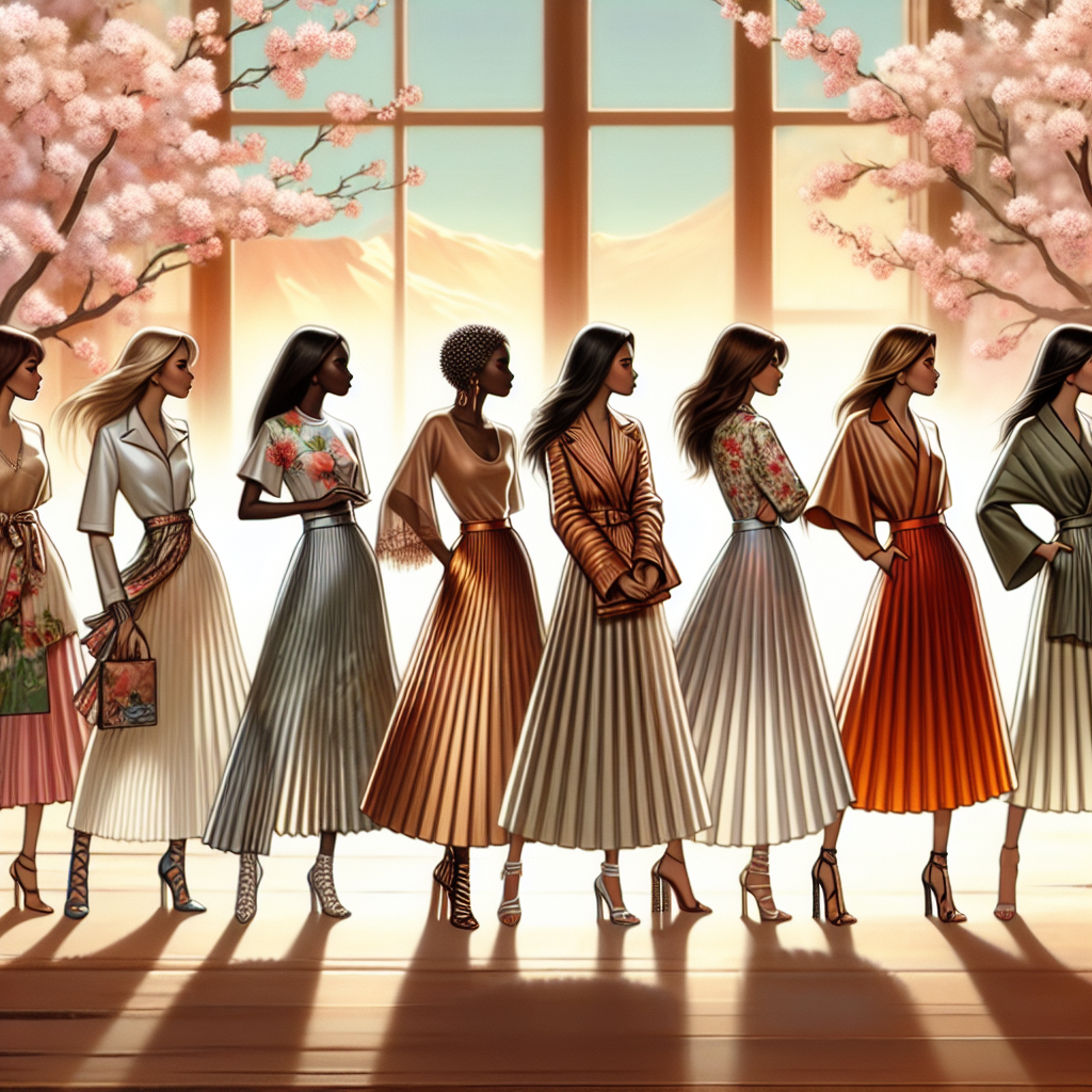 Spring 2025 Must-Have: Effortless Pleated Skirt Styles Imagine an aesthetic and fashionable depiction of Spring 2025, focusing on the season's must-have item: pleated skirts. Envision an array of diverse women, including a Black woman, a South Asian woman, a Middle-Eastern woman, a Hispanic woman, a White woman, each styled tastefully in a unique pleated skirt that encapsulates the trend of the season. The skirts vary in color, fabric, and length, aligning with their personal styles. The backdrop is filled with blooming cherry blossom trees and bright, clear skies, illuminating the fashion-forward scene.