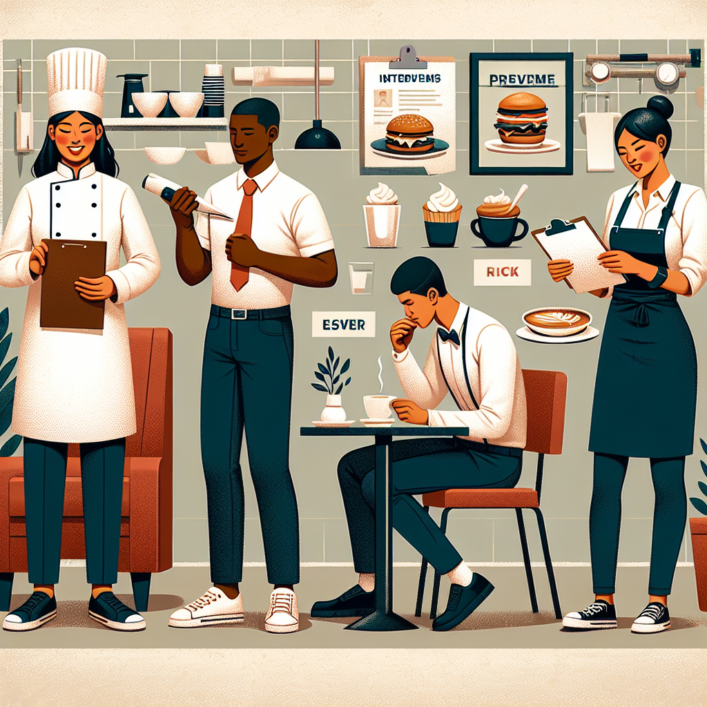 An illustrative guide showing food workers preparing for interview, focusing on suitable professional attire. The first worker, a Hispanic female chef in a crisp white chef's uniform, is seen adjusting her toque and practicing answers. The second worker, a Black male waiter, is seen fastening his apron and pulling up his sleeves, exuding confidence. The third, an Asian female barista, is showcased in her trendy coffeehouse aesthetic, reviewing her resume and sipping on an espresso. The backdrop is a collage of varying kitchen types, reflecting the diversity in the food industry.