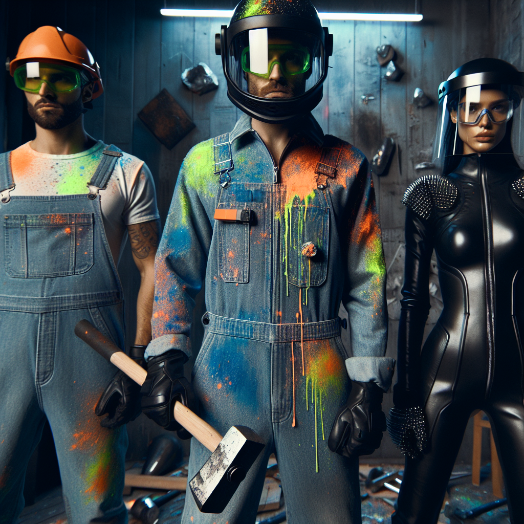 Stunning Rage Room Outfits: Find Your Bold Look Visualize a scene showing three individuals in a 'Rage Room’. The first person is a Middle Eastern man donning safety goggles, flame-resistant gloves, and a sturdy denim boiler suit, splashed with vibrant neon paint. The second person is a Caucasian woman clad in metallic leather overalls, a matching helmet with visor, and steel-toed boots. The third individual is a Black woman dressed in a sleek body protection suit, grunge leather gloves, and a clear face shield. They all wield sledgehammers, ready to vent their frustrations on objects around them in the room.