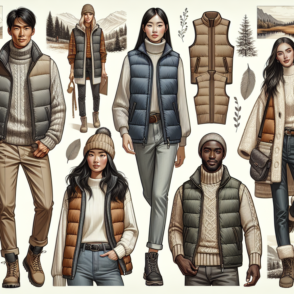Visualize a fashion-oriented image showcasing a variety of trendy styles for both genders complementing a puffer vest. The styles should cater to a number of different environments, weather conditions, and scenarios. There should be an Asian woman in a lively urban setting combining the puffer vest with a well-fitted turtle-neck and high-waist jeans. A Black gentleman on a hike, wearing the vest over a plaid shirt as well as a set of sturdy boots. A Middle-Eastern woman in a cozy caf&eacute; environment, coupling the vest with a soft cashmere scarf. And lastly, a Caucasian male in a snowy setting, sporting the vest with a beanie and winter gloves.