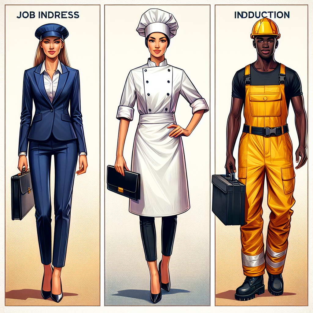 A comprehensive fashion montage showing three job induction outfits suitable for various occupations. First, a Caucasian woman dressed in a professional navy-blue pantsuit, paired with a white blouse and black pumps, representing corporate attire. Second, a Black man in a stylish chef's uniform with a white apron and a black toque, signifying culinary industry dress code. Lastly, a Middle-Eastern woman wearing safety gear including a yellow hard hat, overalls, and safety boots, representative of an engineering outfit. This vivid scene brings to life the mantra 'Dress to Impress', each outfit elegantly tailored and high-quality, sure to impress at any job induction.