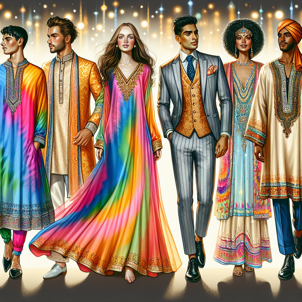 What to Wear: Stunning Outfits for Celebration of Life Visualize an array of celebratory attire signifying a celebration of life. Picture a South-Asian male dressed in a vibrant sherwani, followed by a Caucasian woman elegantly sporting a flowing maxi dress. A Hispanic man is seen complementing his wardrobe with a tastefully designed suit, while a vibrant tie-dye tunic dress graces the shoulders of a Black woman. Finally, a Middle-Eastern man dons a traditionally-inspired ensemble. Surround them with an aura of joy and light, reflecting the beauty of life.