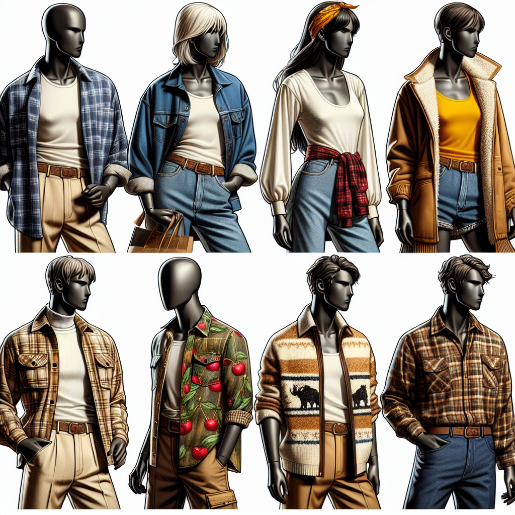 Depict a detailed shopping montage scene showcasing under-flannel fashion elegances. The scene presents various mannequins donned in cutting-edge attire, each paired with distinct flannel outerwear. Include a Black male mannequin dressed in a crisp white shirt paired with a cool dark-toned flannel jacket. Also, show a Hispanic female mannequin carrying off a vibrant yellow tank top coupled with a cherry-flavored, patterned flannel vest. Besides, present a Caucasian male mannequin showcasing an earth-toned rugged turtleneck encompassed by a vintage rancher-styled flannel. Ensure the flannel is complementary and enhances the outfits' overall aesthetics, promoting a sense of warmth, style, and comfort.