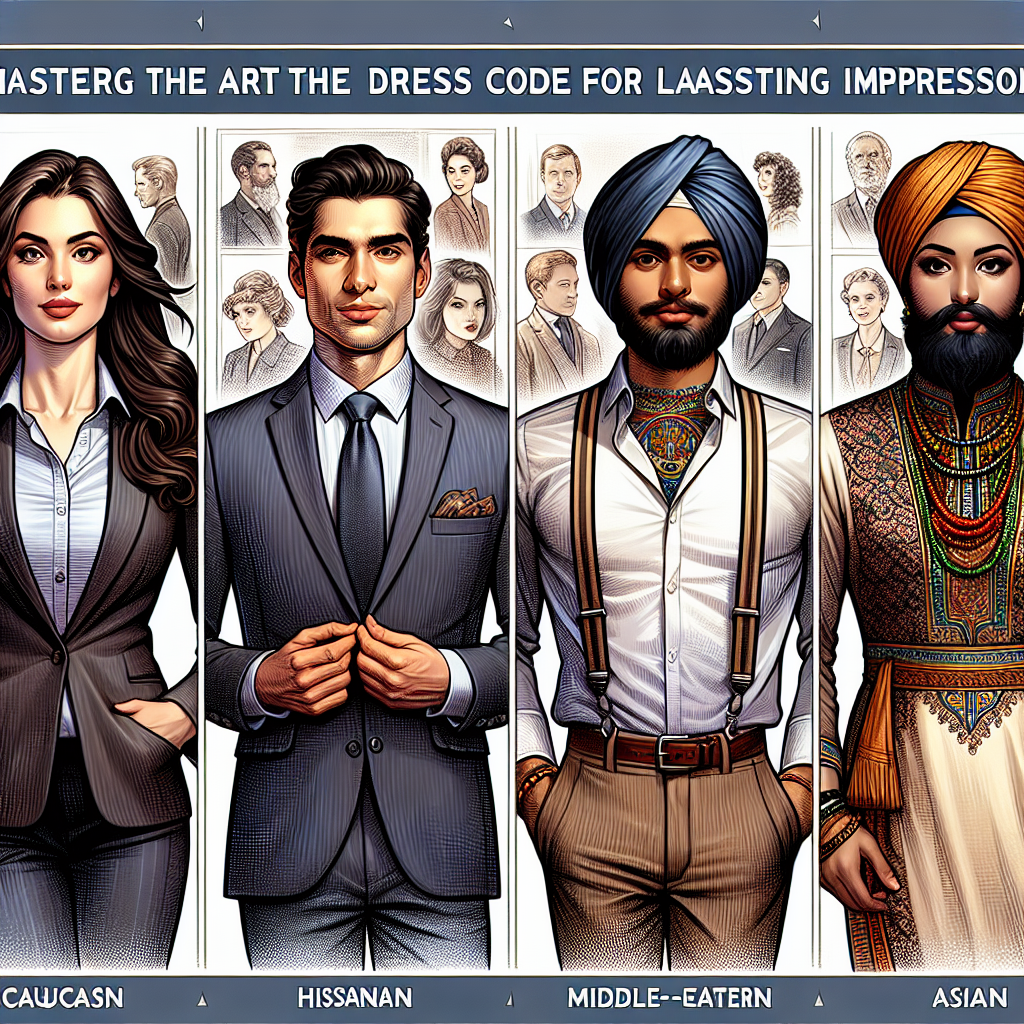 Visualize an image representing the concept of mastering the art of dress code for lasting impressions. Show a detailed scene featuring individuals of varied genders and descents: a Caucasian woman donning a polished, professional suit with neatly styled hair, a Hispanic man artistically wearing a casual outfit with a unique twist, a Middle-Eastern woman in an elegantly modern dress symbolizing cultural heritage, and a South-Asian man wearing a tasteful mix of traditional and modern attire. Emphasize that each individual is exuding confidence, uniqueness, and appropriateness in their chosen outfits.