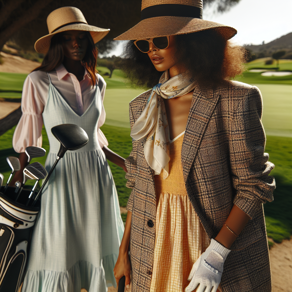 Must-Have Layers for Sundresses on the Golf Course Imagine a mid-afternoon scene at a sunlit golf course. In the frame, we see two women preparing for a game of golf. One woman of Black descent is wearing a light, flowy sundress teamed with a stylish sunhat. She's coordinating it with a chic tweed jacket, perfect for the mild chill. The other woman, of South Asian descent, is donning a bright sundress with a contrastingly cool silk scarf draped around her shoulders. Accessories like sunglasses, golf gloves, and golf clubs complete their fashionable golf course looks. The overall vibe is casual yet seriously stylish - perfect for golfing enthusiasts.