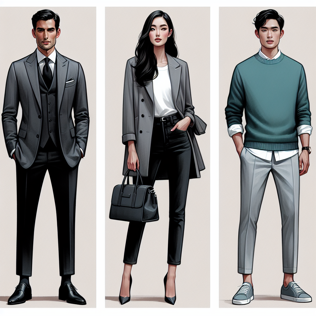 What to Wear with a Grey Jacket: Effortless Style Guide Illustration of a fashion style guide. Feature three different looks that go well with a charcoal grey jacket. First, picture a Hispanic man in an elegant combination of a grey jacket, crisp white shirt, dark tie, and black trousers. Second, visualize an Asian woman in a casual outfit: a grey jacket, white t-shirt, and dark blue jeans, accessorized with a small leather handbag. Lastly, show a Middle-Eastern man wearing a grey jacket in a creative combination with a turquoise sweater and light-colored chinos. This is an effortless style guide for both formal and casual occasions.