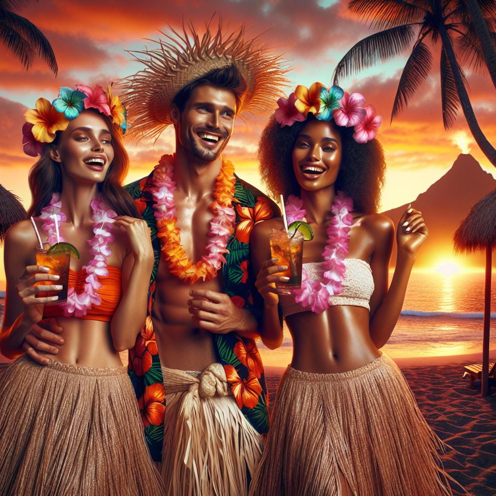 Imagine a Hawaiian luau scene at sunset with three people, a Caucasian woman, a Middle Eastern man, and a Black woman, draped in magnificent traditional Hawaiian outfits expressing effortless style. Their attires comprise colorful Hawaiian shirts, sarong, and hula skirts, adorned with leis around their necks. The vibrant shades of hibiscus flowers and palm leaves echo in their clothes. They are laughing, holding tropical drinks, dancing against the backdrop of a thatched tiki hut, palm trees, an erupting volcano in the distance, and a breathtaking sunset illuminating the sky with a palette of oranges, pinks, and purples.