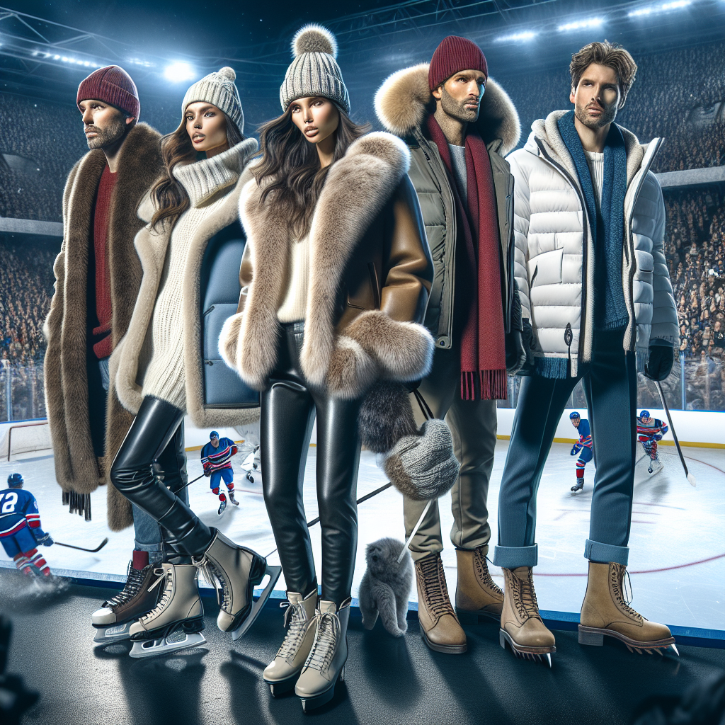 Visualize a dynamic scene at a hockey game in a bustling stadium. Showcase several people in the crowd, each sporting different styles of chic and cozy attire ideal for watching the game. Include a Middle-Eastern woman wearing fashionable thermal boots, a faux fur-lined jacket and knitted beanie. Picture a Hispanic man in a trendy parka coat with a fleece inside and a classy scarf. Alongside them, depict a Caucasian male in a sleek, insulated bomber jacket and trendy woolen gloves. Also, have a South-Asian woman wearing a stylish down coat with a soft, warm cap. Make sure to balance these visual elements with the intense action of the game happening in the background, the players swiftly moving on the ice, their breaths visible in the cold stadium air.