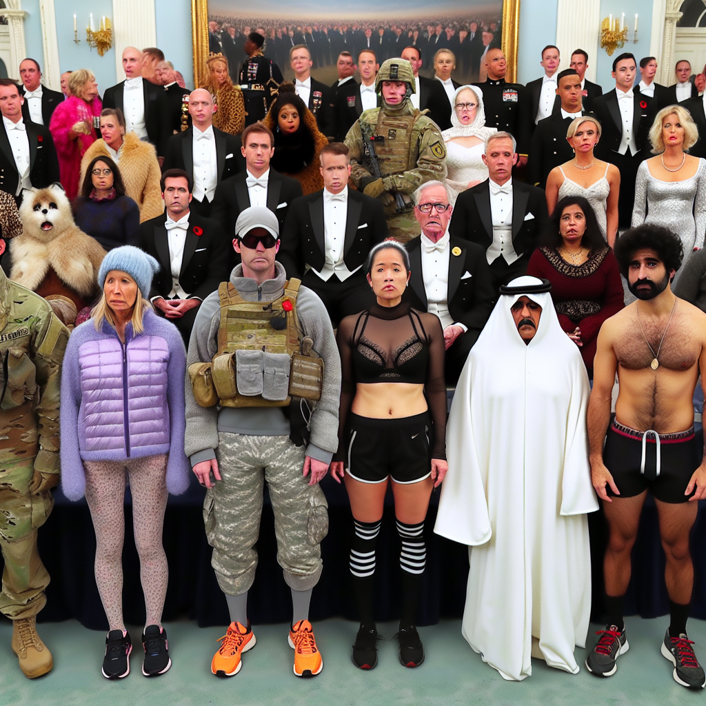 Create an image for an article, showcasing a variety of inappropriate outfits for a formal military event. Depict an array of people of different genders and descents, all dressed in the wrong attire. Include a man in casual beachwear, a woman in athletic running gear, and another man in a Halloween costume. Furthermore, illustrate a woman in heavy winter clothing and a South Asian man in lounge pyjamas. The setting is a grand military ballroom filled with people in proper uniforms, looking surprised and uncomfortable with the ill-dressed individuals.