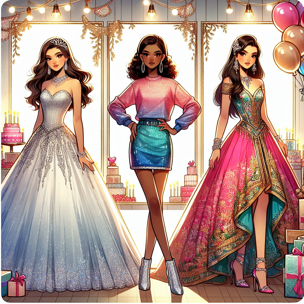 Stunning Sweet 16 Outfits: Find Your Perfect Look Visualize a display of various beautiful and fashionable Sweet 16 outfits. On the left, showcase a long flowing gown, intricately adorned with diamonds, worn by a Hispanic teenage girl. In the centre, feature a Black teenager in a glitzy mini dress coupled with shiny high heels. Towards the right, portray a South Asian teenager in a vibrant, traditional attire, paired with exquisite jewelry. The background should embody the essence of youthful celebration with decorations like balloons and party banners, creating a perfect ambience for the grand occasion of a Sweet 16 party.